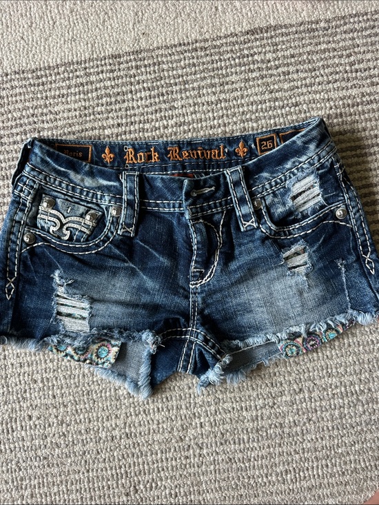 Rock Revival Pants - Rock Revival Dark Blue Distressed Embroidered Denim Shorts